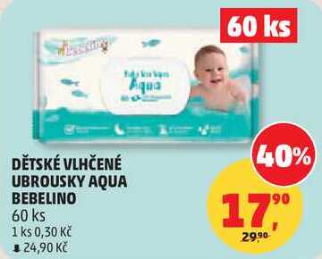 DĚTSKÉ VLHČENÉ UBROUSKY AQUA BEBELINO, 60 ks Penny Market