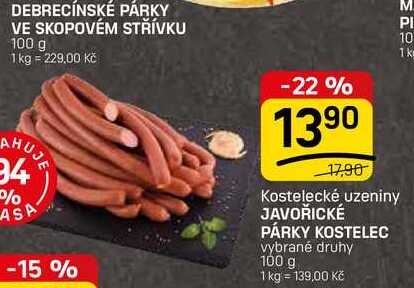 JAVOŘICKÉ PÁRKY KOSTELEC vybrané druhy 100 g 