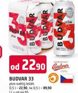 BUDVAR 33 pivo světlý ležák 0,5l