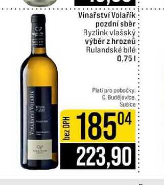 Vinařství Volařík pozdní sběr Ryzlink vlašský výběr z hroznů Rulandské bílé 0,75l