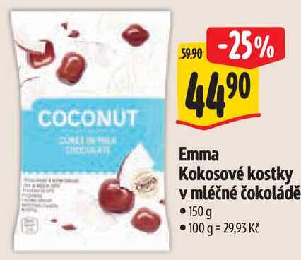 Emma Kokosové kostky v mléčné čokoládě, 150 G