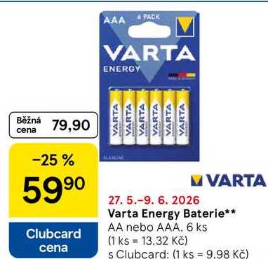 Varta Energy Baterie AA nebo AAA, 6 ks 