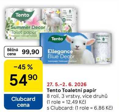 Tento Toaletní papír, 8 roli. 3 vrstvy, více druhů Tesco