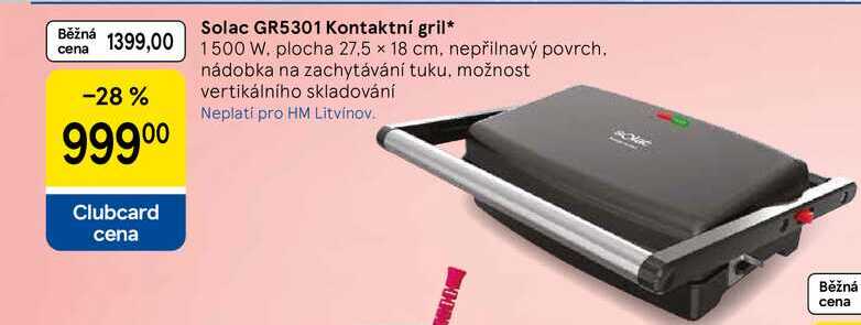 Solac GR5301 Kontaktní gril, 1500 W. plocha 27,5 x 18 cm, nepřilnavý povrch. nádobka na zachytávání tuku, možnost vertikálního skladování
