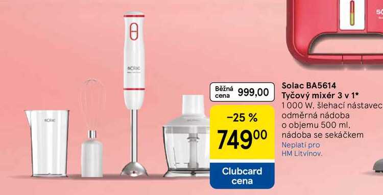Solac BA5614 Tyčový mixér 3 v 1, 1000 W. šlehací nástavec odměrná nádoba o objemu 500 ml. nádoba se sekáčkem