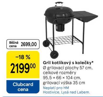 Gril kotlíkový s kolečky, průměr grilovací plochy 57 cm. celkové rozměry 95,5 x 66 x 104 cm, grilovací výška 35 cm
