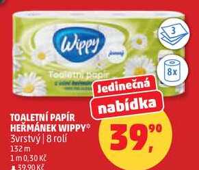 TOALETNÍ PAPÍR HEŘMÁNEK WIPPY, 3vrstvý | 8 rolí 132 m Penny Market