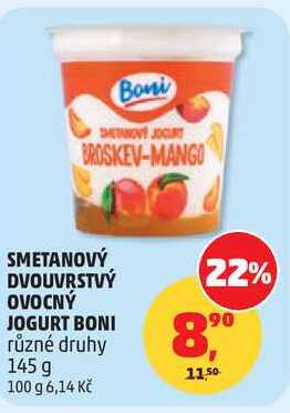 SMETANOVÝ DVOUVRSTVÝ OVOCNÝ JOGURT BONI různé druhy, 145 g