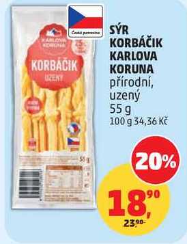 SÝR KORBÁČIK KARLOVA KORUNA přírodní, uzený, 55g