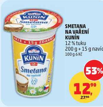 SMETANA NA VAŘENÍ KUNÍN 12% tuku, 200 g +15 g navíc  