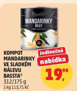 KOMPOT MANDARINKY VE SLADKÉM NÁLEVU BASSTA, 312/175 g