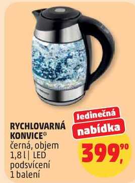 RYCHLOVARNÁ KONVICE černá, objem 1,81 LED podsvícení