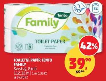 TOALETNÍ PAPÍR TENTO FAMILY, 3vrstvý, 8 rolí Penny Market
