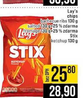 Lay's chips barbecue ribs 130 g salted 130 g 25 % zdarma fromage 130 g+25% zdarma Lingage Stix ketchup 130 g