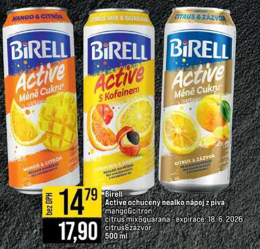 Active ochucený nealko nápoj z piva mango&citron citrus mix&guarana-expirace citrus&zázvor 500 ml 