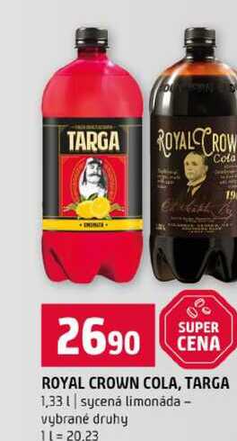 ROYAL CROWN COLA, TARGA 1,33l sycená limonáda vybrané druhy 