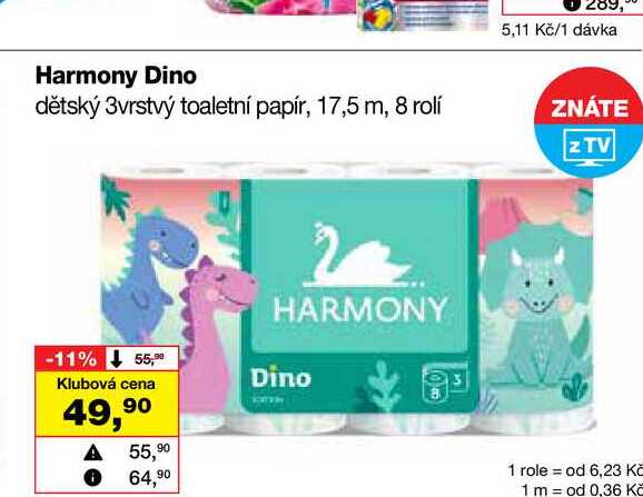Harmony Dino dětský 3vrstvý toaletní papír, 17,5 m, 8 rolí Barvy a laky drogerie 