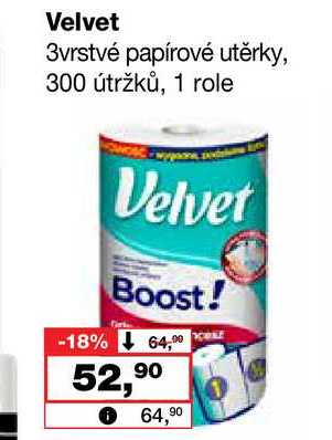 Velvet 3vrstvé papírové utěrky, 300 útržků, 1 role Barvy a laky drogerie 