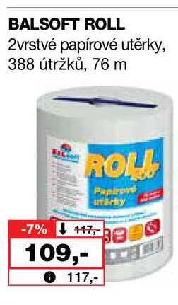 BALSOFT ROLL 2vrstvé papírové utěrky, 388 útržků, 76 m Barvy a laky drogerie 