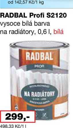 Od 142,57 Kč/1 kg RADBAL Profi S2120 vysoce bílá barva na radiátory, 0,6l Barvy a laky drogerie 