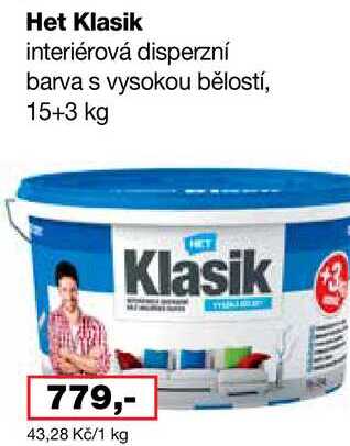 Het Klasik interiérová disperzní barva s vysokou bělostí, 15+3 kg Barvy a laky drogerie 