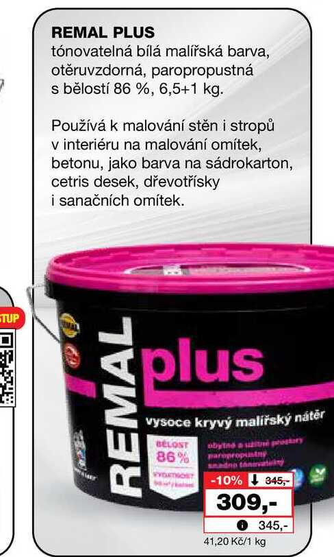 STUP REMAL PLUS tónovatelná bílá malířská barva, otěruvzdorná, paropropustná s bělostí 86 %, 6,5+1 Barvy a laky drogerie 