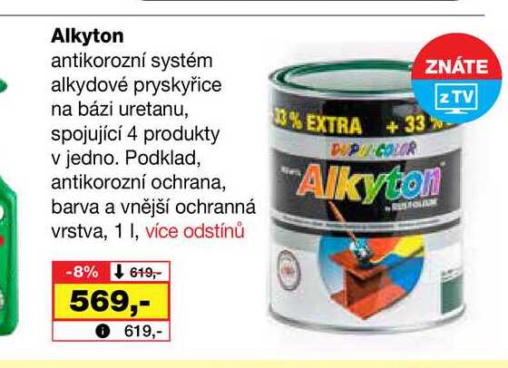 Alkyton antikorozní systém alkydové pryskyřice na bázi uretanu, spojující 4 produkty v jedno. Podklad, antikorozní ochrana, barva a vnější ochranná vrstva, 1l