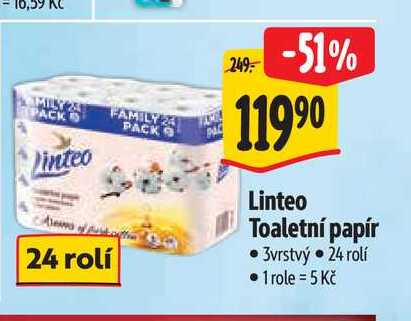 Linteo Toaletní papír 3vrstvý  24 rolí Albert