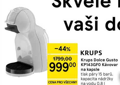 Krups Dolce Gusto KP143GFO Kávovar na kapsle, tlak páry 15 barů. kapacita nádržky na vodu 0.8 l