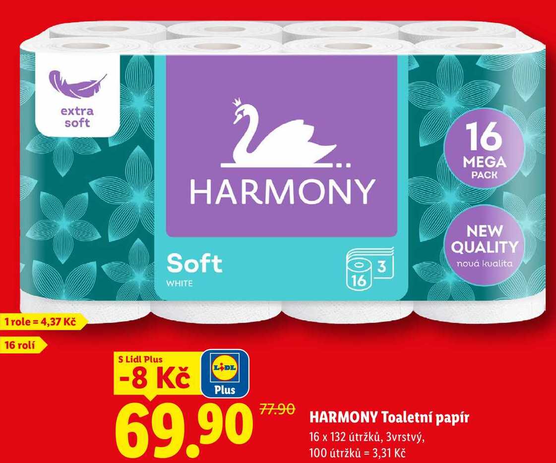 HARMONY Toaletní papír 16 x 132 útržků, 3vrstvý Lidl
