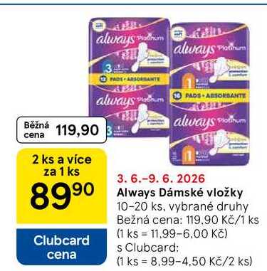 Always Dámské vložky, 10-20 ks, vybrané druhy Tesco