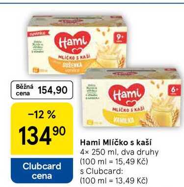 Hami Mlíčko s kaší, 4x 250 ml, dva druhy Tesco