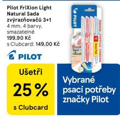 Pilot Frixion Light Natural Sada zvýrazňovačů 3+1 4 mm, 4 barvy. smazatelné