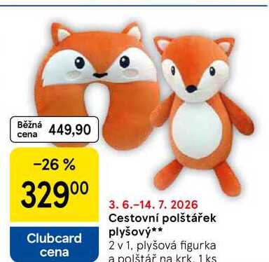 Cestovní polštářek plyšový, 2 v 1, plyšová figurka a polštář na krk. 1 ks Tesco