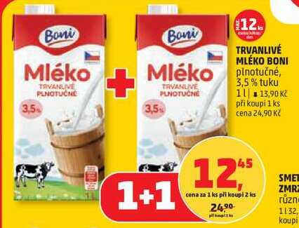 BONI mléko plnotučné, 3,5% tuku, 1 l