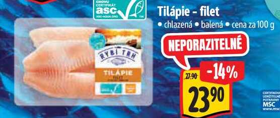 Tilápie - filet, cena za 100 g  