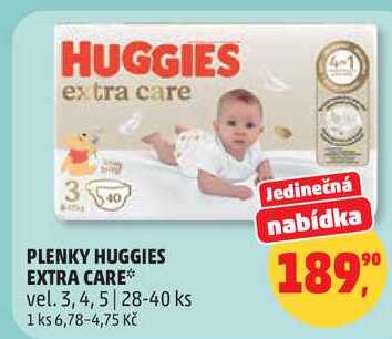 PLENKY HUGGIES EXTRA CARE vel. 3, 4, 5, 28-40 ks Penny Market