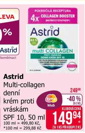 Astrid Multi-collagen denní krém proti vráskám SPF 10, 50 ml 