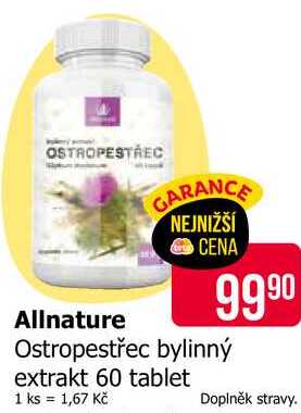 Allnature Ostropestřec bylinný extrakt 60 tablet Teta drogerie