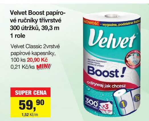 Velvet Boost papírové ručníky třívrstvé 300 útržků, 39,3 m 1 role Šlak