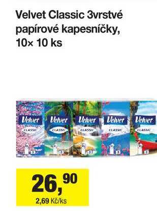 Velvet Classic 3vrstvé papírové kapesníčky, 10x 10 ks Šlak