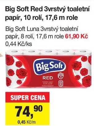 Big Soft Red 3vrstvý toaletní papír, 10 rolí, 17,6 m role Šlak
