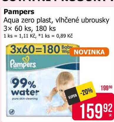 Pampers Aqua zero plast, vlhčené ubrousky 3x 60 ks, 180 ks 