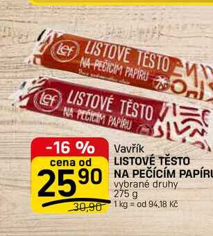 LISTOVÉ TĚSTO NA PEČÍCÍM PAPÍRU vybrané druhy 275 g 