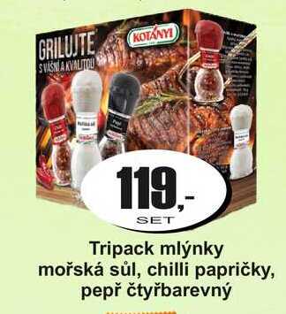 Tripack mlýnky mořská sůl, chilli papričky, pepř čtyřbarevný 