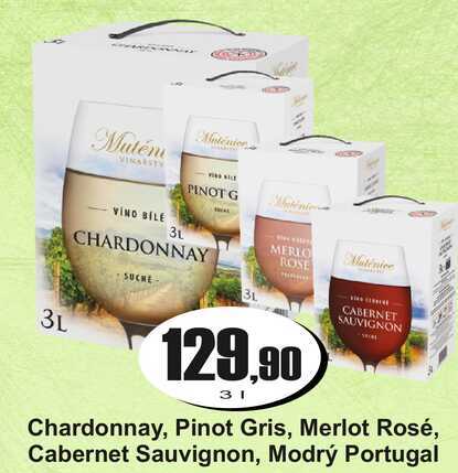 Chardonnay, Pinot Gris, Merlot Rosé, Cabernet Sauvignon, Modrý Portugal 3l