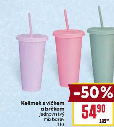 Kelímek s víčkem a brčkem jednovrstvý mix barev 1ks