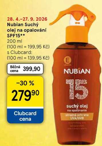 Nubian Suchý olej na opalování SPF15, 200 ml Tesco