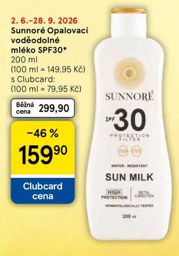 Sunnoré Opalovací voděodolné mléko SPF30, 200 ml Tesco