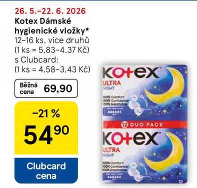Kotex Dámské hygienické vložky, 12-16 ks Tesco